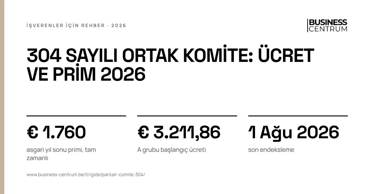 304 sayılı ortak komite: ücret ve prim 2026: asgari yıl sonu primi, tam zamanlı € 1.760, A grubu başlangıç ücreti € 3.211,86, son endeksleme 1 Ağustos 2026