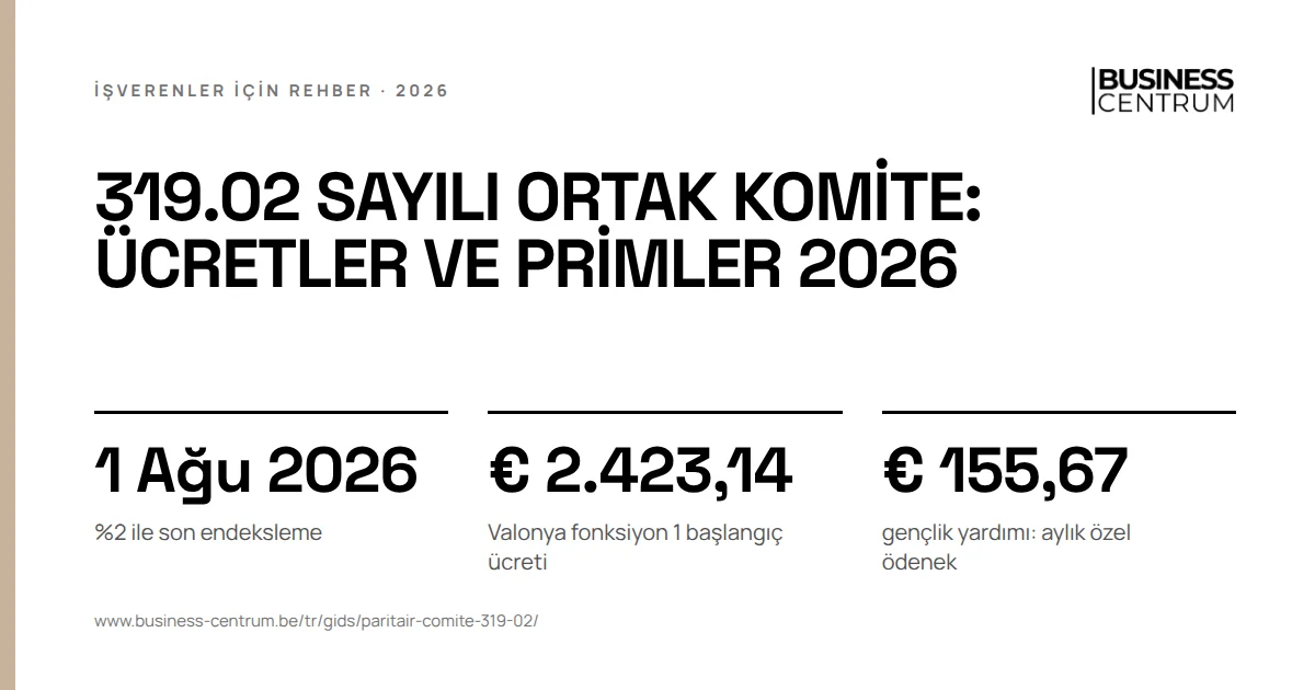 319.02 sayılı ortak komite: ücretler ve primler 2026: %2 ile son endeksleme 1 Ağustos 2026, Valonya fonksiyon 1 başlangıç ücreti € 2.423,14, gençlik yardımı: aylık özel ödenek € 155,67