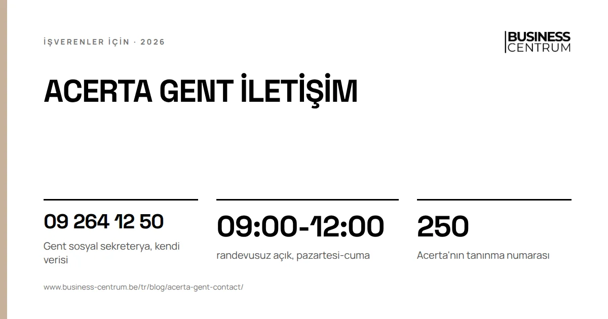 Acerta Gent iletişim: Gent sosyal sekreterya, kendi verisi 09 264 12 50, randevusuz açık, pazartesi-cuma 09:00-12:00, Acerta'nın tanınma numarası 250