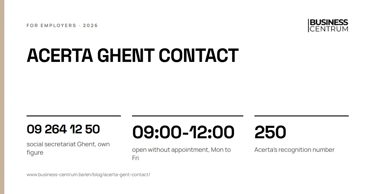 Acerta Ghent contact: social secretariat Ghent, own figure 09 264 12 50, open without appointment, Mon to Fri 09:00-12:00, Acerta's recognition number 250