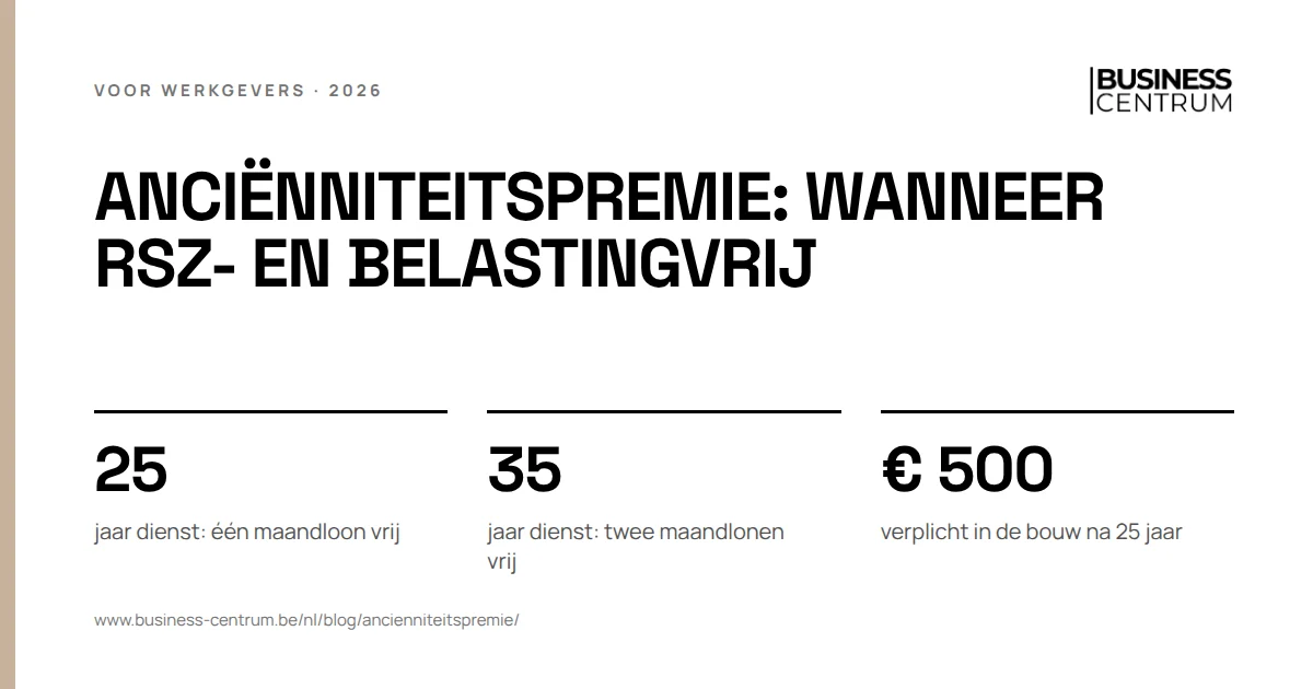 Anciënniteitspremie: wanneer RSZ- en belastingvrij: jaar dienst: één maandloon vrij 25, jaar dienst: twee maandlonen vrij 35, verplicht in de bouw na 25 jaar € 500