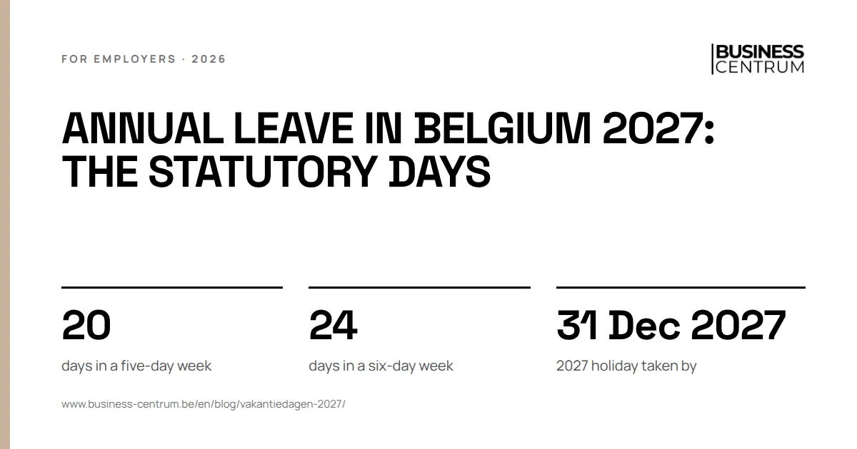 Annual leave in Belgium 2027: the statutory days: days in a five-day week 20, days in a six-day week 24, 2027 holiday taken by 31 December 2027