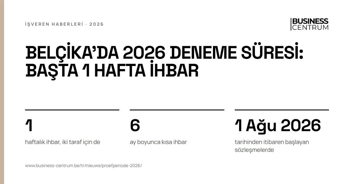 Belçika'da 2026 deneme süresi: başta 1 hafta ihbar: haftalık ihbar, iki taraf için de 1, ay boyunca kısa ihbar 6, tarihinden itibaren başlayan sözleşmelerde 1 Ağustos 2026
