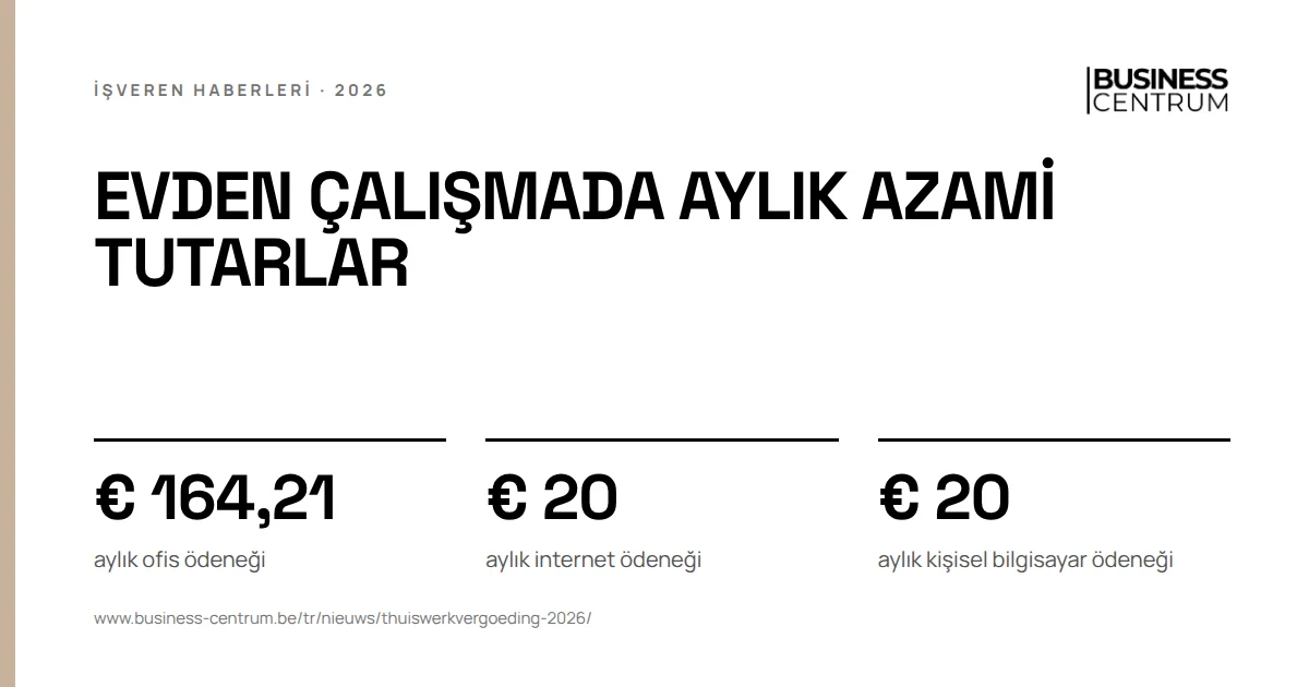 Evden çalışmada aylık azami tutarlar: aylık ofis ödeneği € 164,21, aylık internet ödeneği € 20, aylık kişisel bilgisayar ödeneği € 20