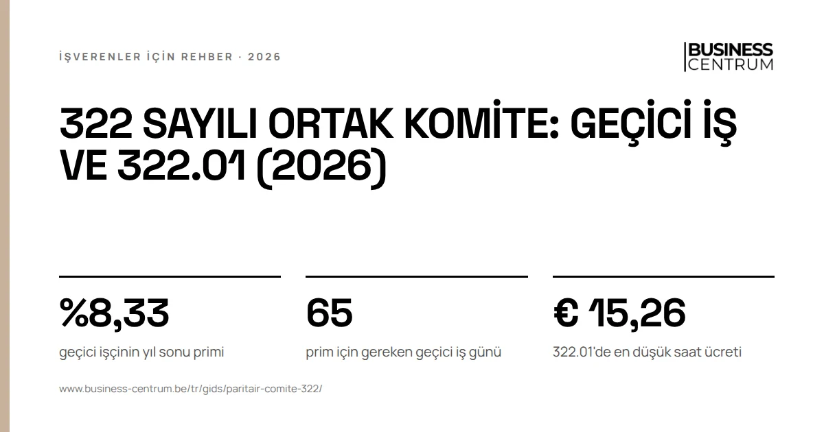 322 sayılı ortak komite: geçici iş ve 322.01 (2026): geçici işçinin yıl sonu primi %8,33, prim için gereken geçici iş günü 65, 322.01'de en düşük saat ücreti € 15,26