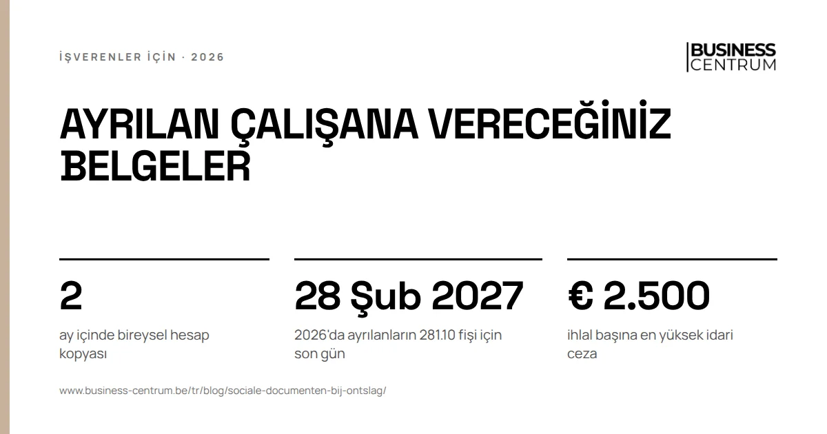 Ayrılan çalışana vereceğiniz belgeler: ay içinde bireysel hesap kopyası 2, 2026'da ayrılanların 281.10 fişi için son gün 28 Şubat 2027, ihlal başına en yüksek idari ceza € 2.500