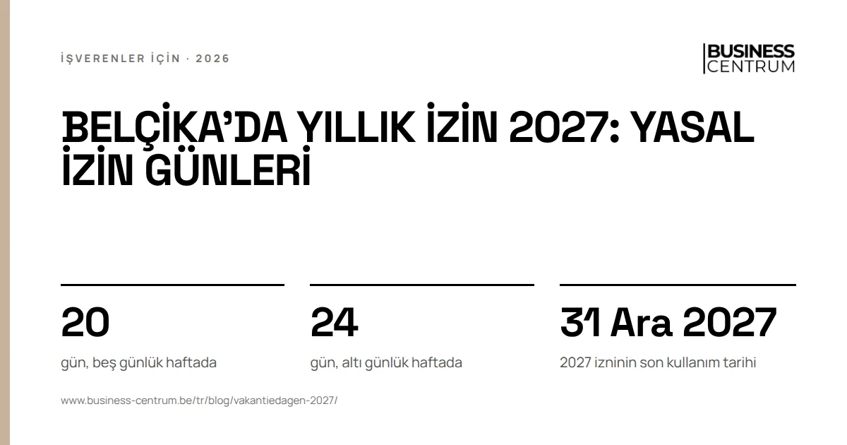 Belçika'da yıllık izin 2027: yasal izin günleri: gün, beş günlük haftada 20, gün, altı günlük haftada 24, 2027 izninin son kullanım tarihi 31 Aralık 2027