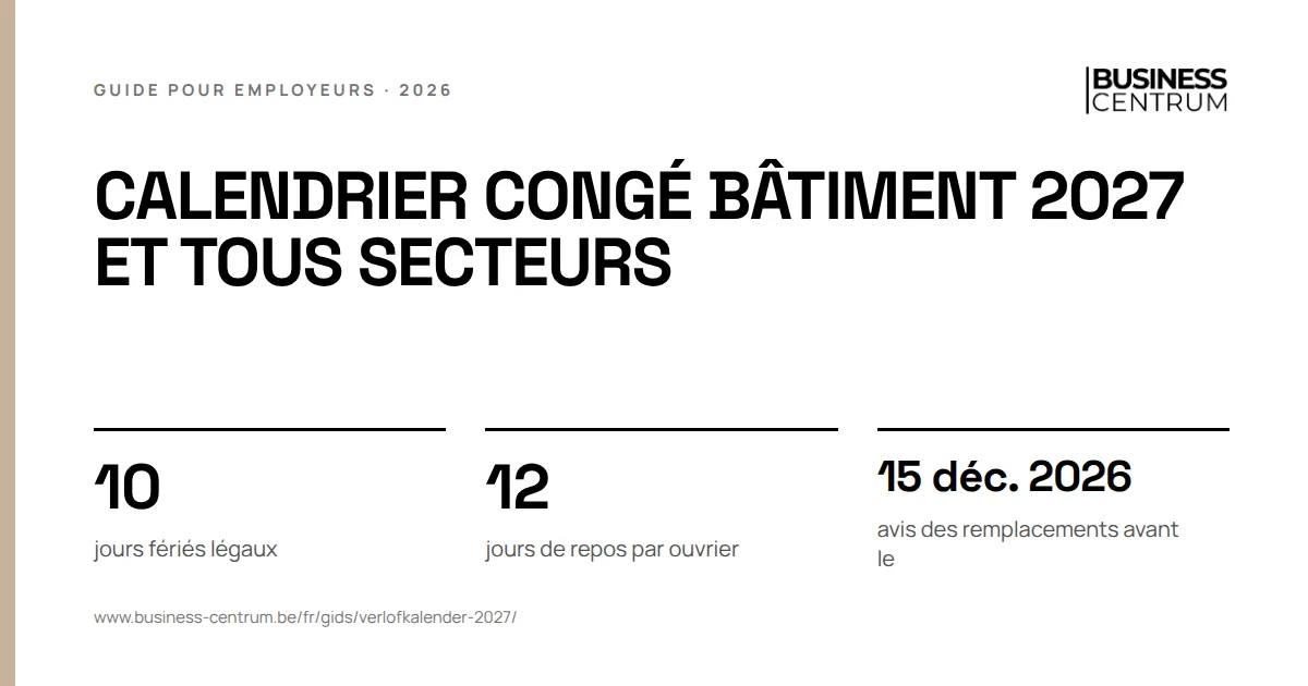 Calendrier congé bâtiment 2027 et tous secteurs: jours fériés légaux 10, jours de repos par ouvrier 12, avis des remplacements avant le 15 décembre 2026