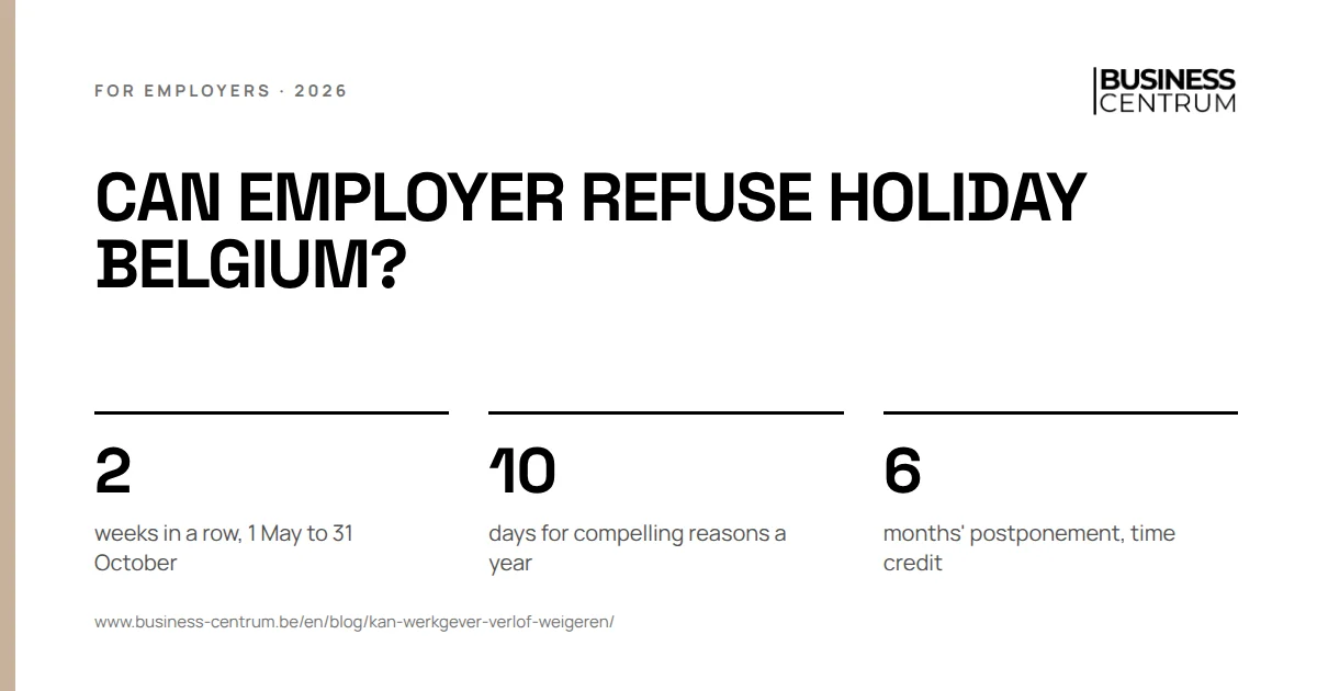 Can employer refuse holiday Belgium?: weeks in a row, 1 May to 31 October 2, days for compelling reasons a year 10, months' postponement, time credit 6