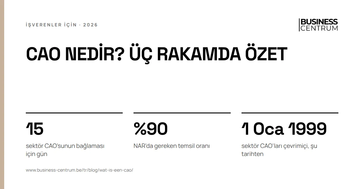 CAO nedir? Üç rakamda özet: sektör CAO'sunun bağlaması için gün 15, NAR'da gereken temsil oranı %90, sektör CAO'ları çevrimiçi, şu tarihten 1 Ocak 1999