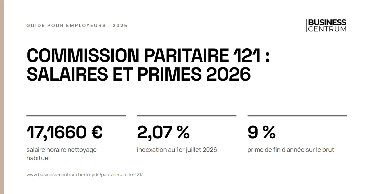 Commission paritaire 121 : salaires et primes 2026: salaire horaire nettoyage habituel 17,1660 €, indexation au 1er juillet 2026 2,07 %, prime de fin d'année sur le brut 9 %