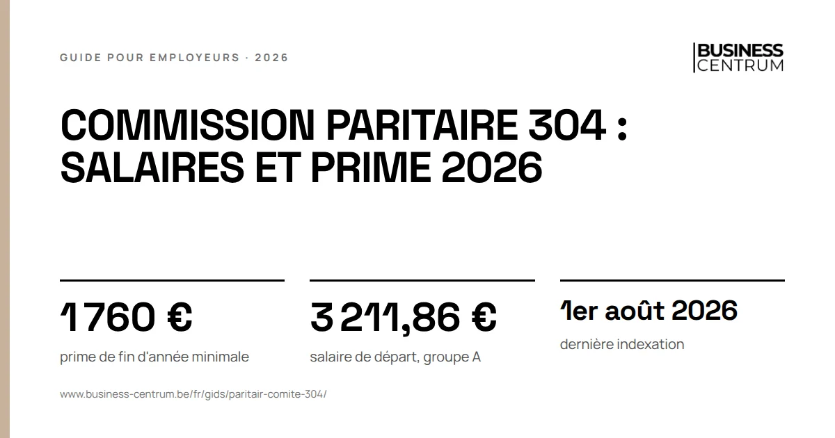Commission paritaire 304 : salaires et prime 2026: prime de fin d'année minimale 1 760 €, salaire de départ, groupe A 3 211,86 €, dernière indexation 1er août 2026