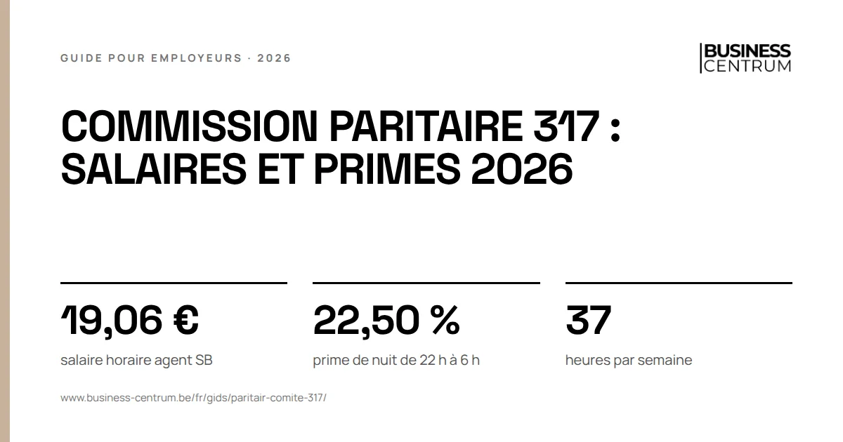 Commission paritaire 317 : salaires et primes 2026: salaire horaire agent SB 19,06 €, prime de nuit de 22 h à 6 h 22,50 %, heures par semaine 37