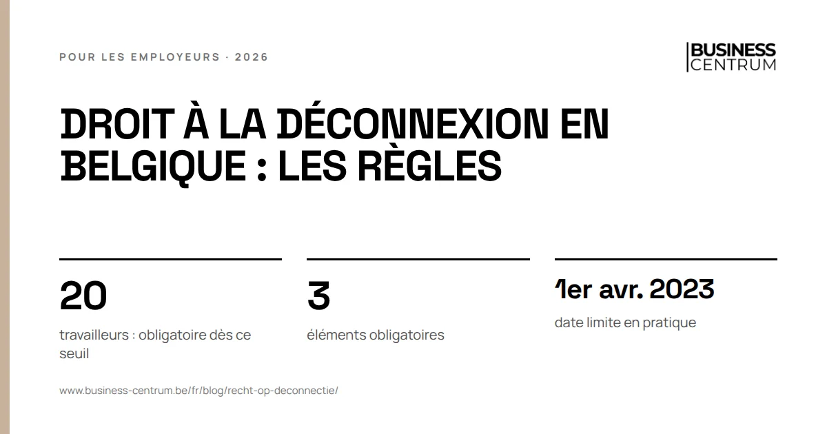 Droit à la déconnexion en Belgique : les règles: travailleurs : obligatoire dès ce seuil 20, éléments obligatoires 3, date limite en pratique 1er avril 2023