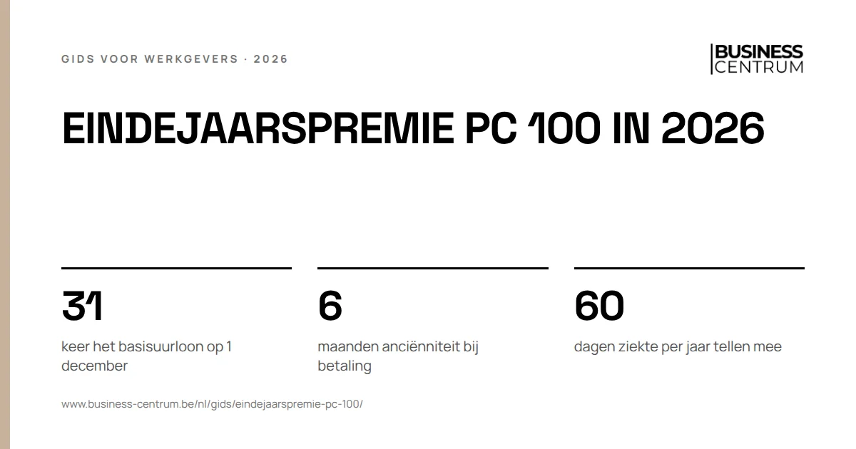Eindejaarspremie PC 100 in 2026: keer het basisuurloon op 1 december 31, maanden anciënniteit bij betaling 6, dagen ziekte per jaar tellen mee 60