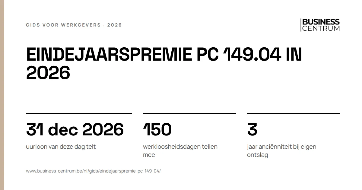 Eindejaarspremie PC 149.04 in 2026: uurloon van deze dag telt 31 december 2026, werkloosheidsdagen tellen mee 150, jaar anciënniteit bij eigen ontslag 3