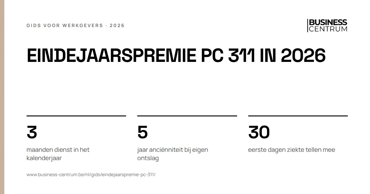 Eindejaarspremie PC 311 in 2026: maanden dienst in het kalenderjaar 3, jaar anciënniteit bij eigen ontslag 5, eerste dagen ziekte tellen mee 30