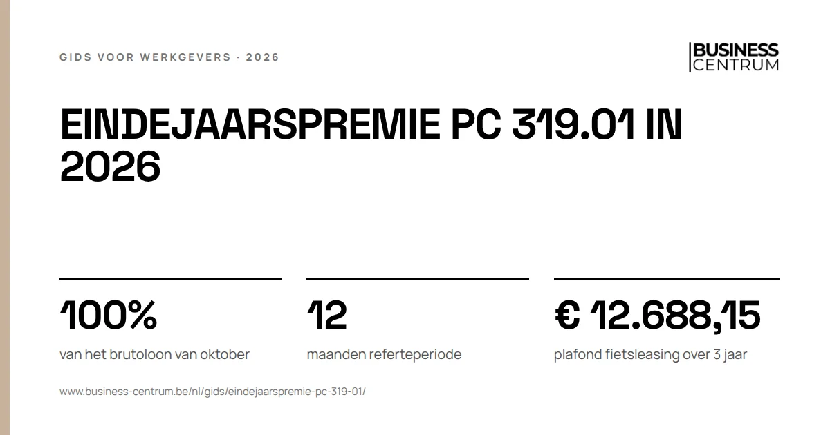 Eindejaarspremie PC 319.01 in 2026: van het brutoloon van oktober 100%, maanden referteperiode 12, plafond fietsleasing over 3 jaar € 12.688,15