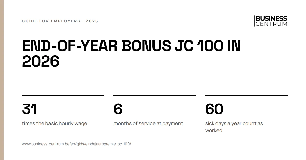 End-of-year bonus JC 100 in 2026: times the basic hourly wage 31, months of service at payment 6, sick days a year count as worked 60