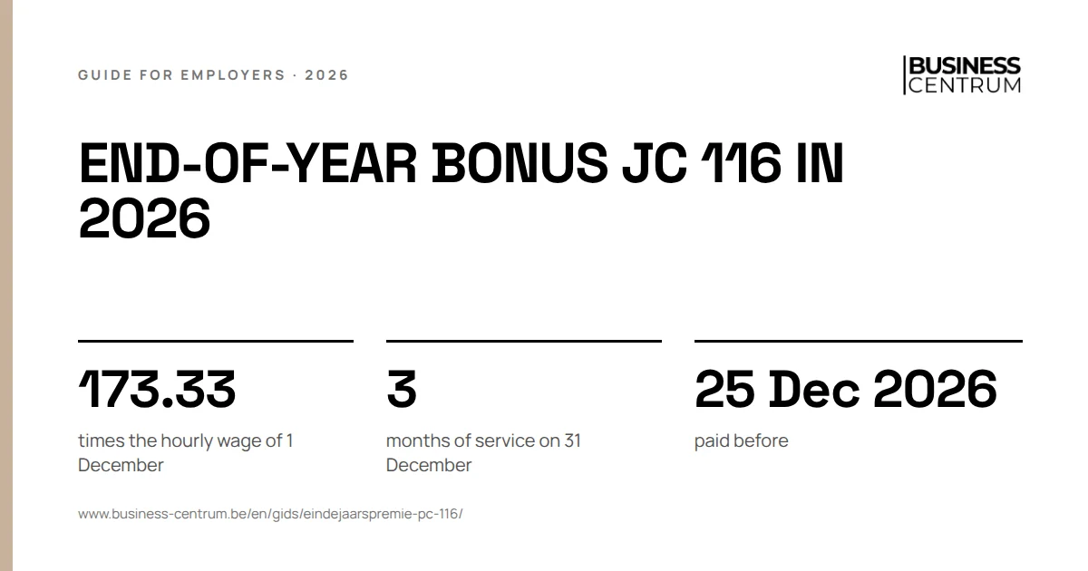 End-of-year bonus JC 116 in 2026: times the hourly wage of 1 December 173.33, months of service on 31 December 3, paid before 25 December 2026