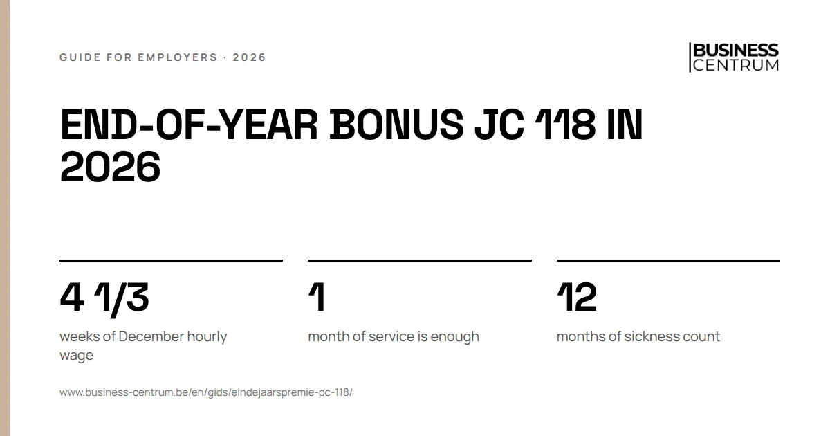 End-of-year bonus JC 118 in 2026: weeks of December hourly wage 4 1/3, month of service is enough 1, months of sickness count 12
