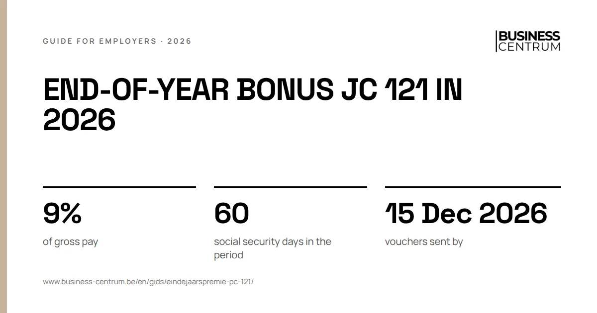 End-of-year bonus JC 121 in 2026: of gross pay 9%, social security days in the period 60, vouchers sent by 15 December 2026