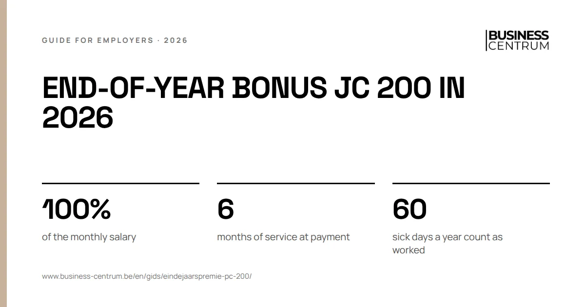 End-of-year bonus JC 200 in 2026: of the monthly salary 100%, months of service at payment 6, sick days a year count as worked 60