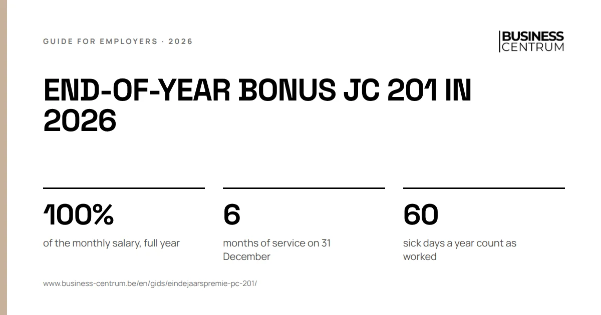 End-of-year bonus JC 201 in 2026: of the monthly salary, full year 100%, months of service on 31 December 6, sick days a year count as worked 60