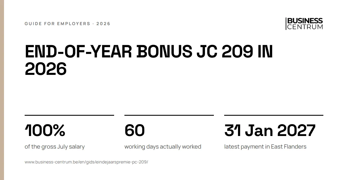 End-of-year bonus JC 209 in 2026: of the gross July salary 100%, working days actually worked 60, latest payment in East Flanders 31 January 2027