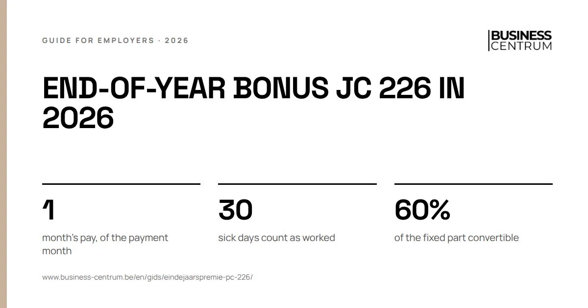 End-of-year bonus JC 226 in 2026: month's pay, of the payment month 1, sick days count as worked 30, of the fixed part convertible 60%