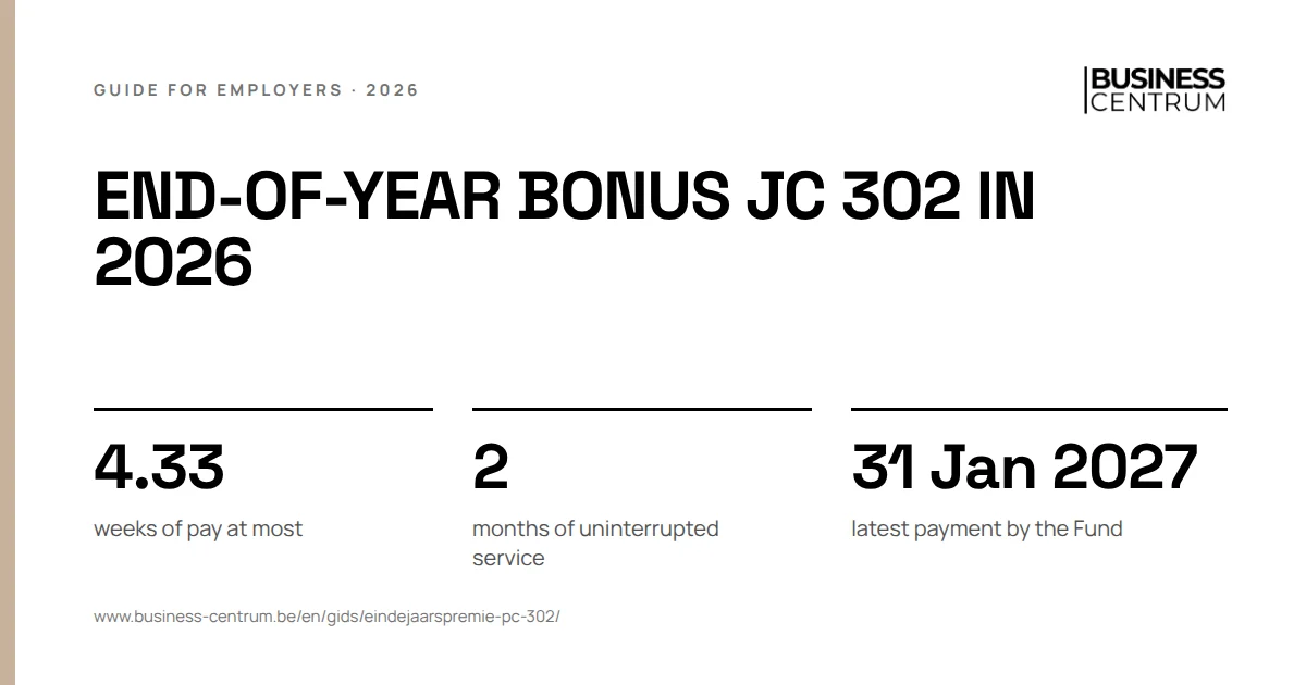 End-of-year bonus JC 302 in 2026: weeks of pay at most 4.33, months of uninterrupted service 2, latest payment by the Fund 31 January 2027