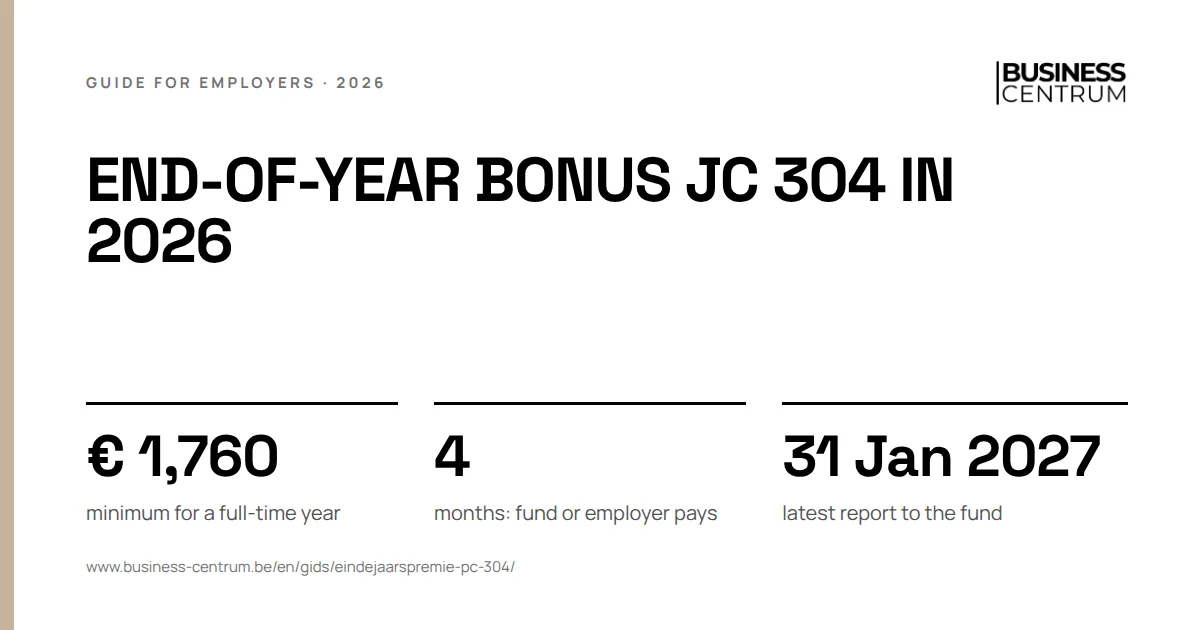 End-of-year bonus JC 304 in 2026: minimum for a full-time year € 1,760, months: fund or employer pays 4, latest report to the fund 31 January 2027