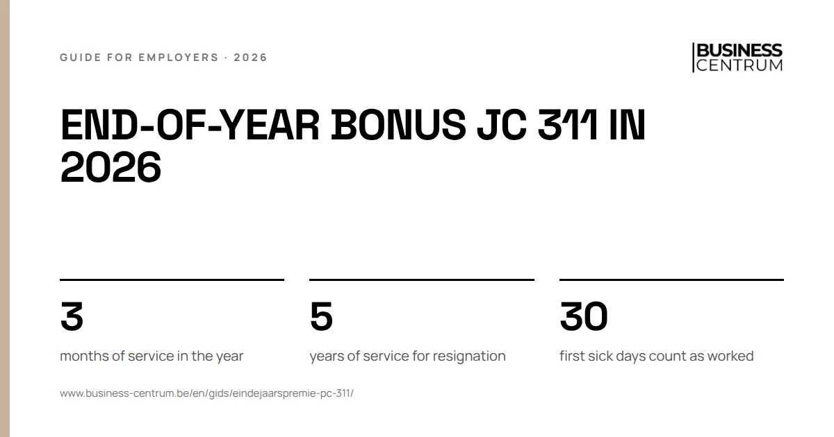 End-of-year bonus JC 311 in 2026: months of service in the year 3, years of service for resignation 5, first sick days count as worked 30