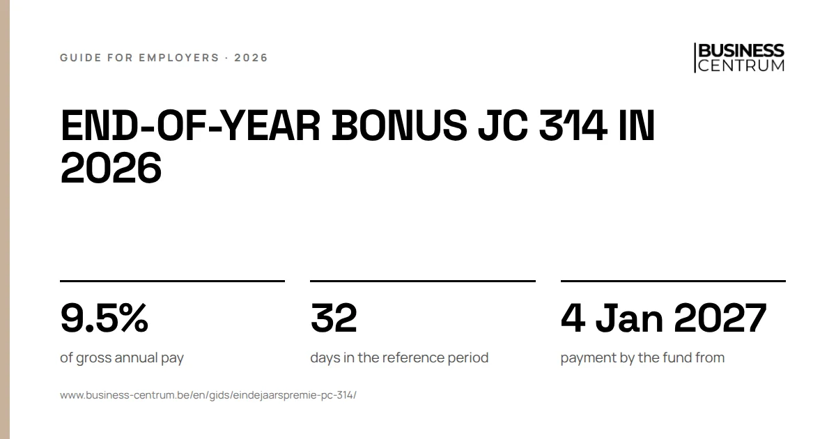 End-of-year bonus JC 314 in 2026: of gross annual pay 9.5%, days in the reference period 32, payment by the fund from 4 January 2027