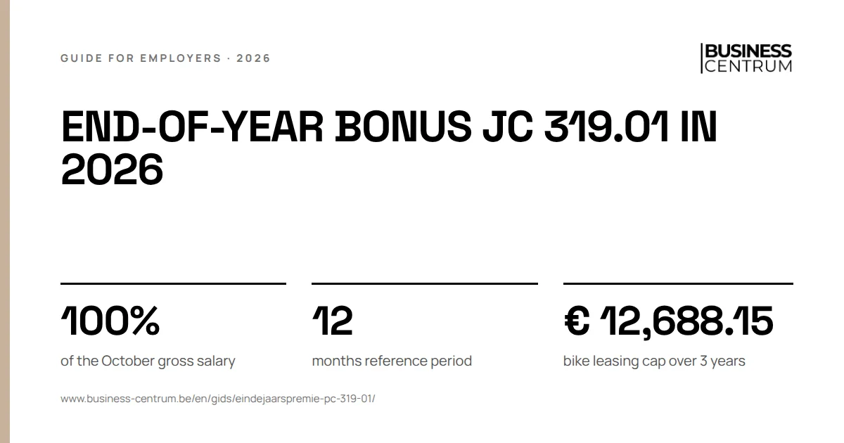 End-of-year bonus JC 319.01 in 2026: of the October gross salary 100%, months reference period 12, bike leasing cap over 3 years € 12,688.15