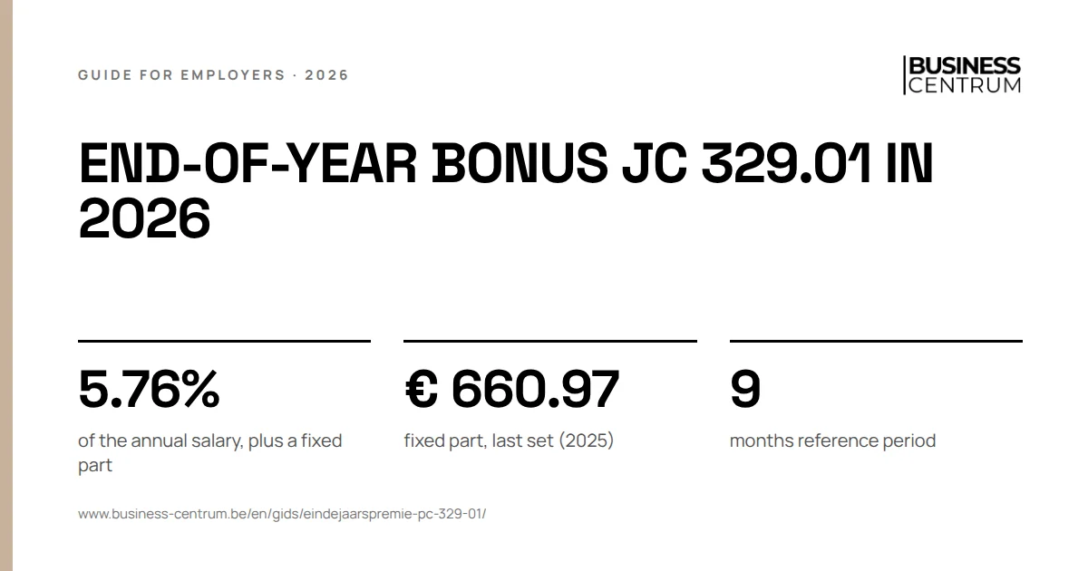 End-of-year bonus JC 329.01 in 2026: of the annual salary, plus a fixed part 5.76%, fixed part, last set (2025) € 660.97, months reference period 9