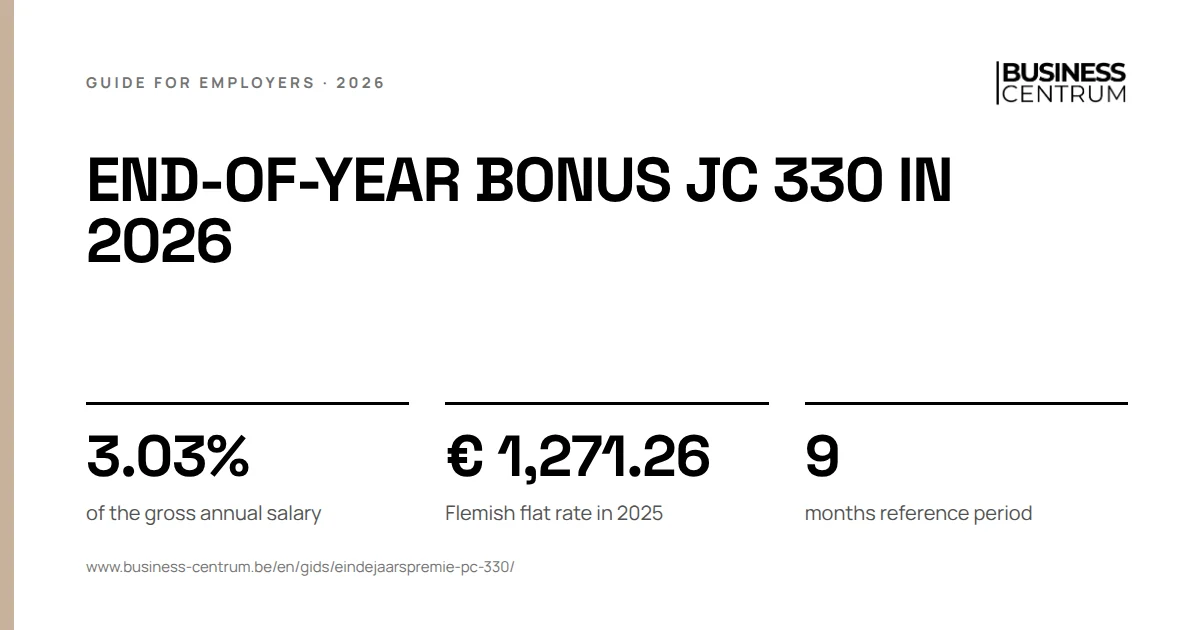 End-of-year bonus JC 330 in 2026: of the gross annual salary 3.03%, Flemish flat rate in 2025 € 1,271.26, months reference period 9