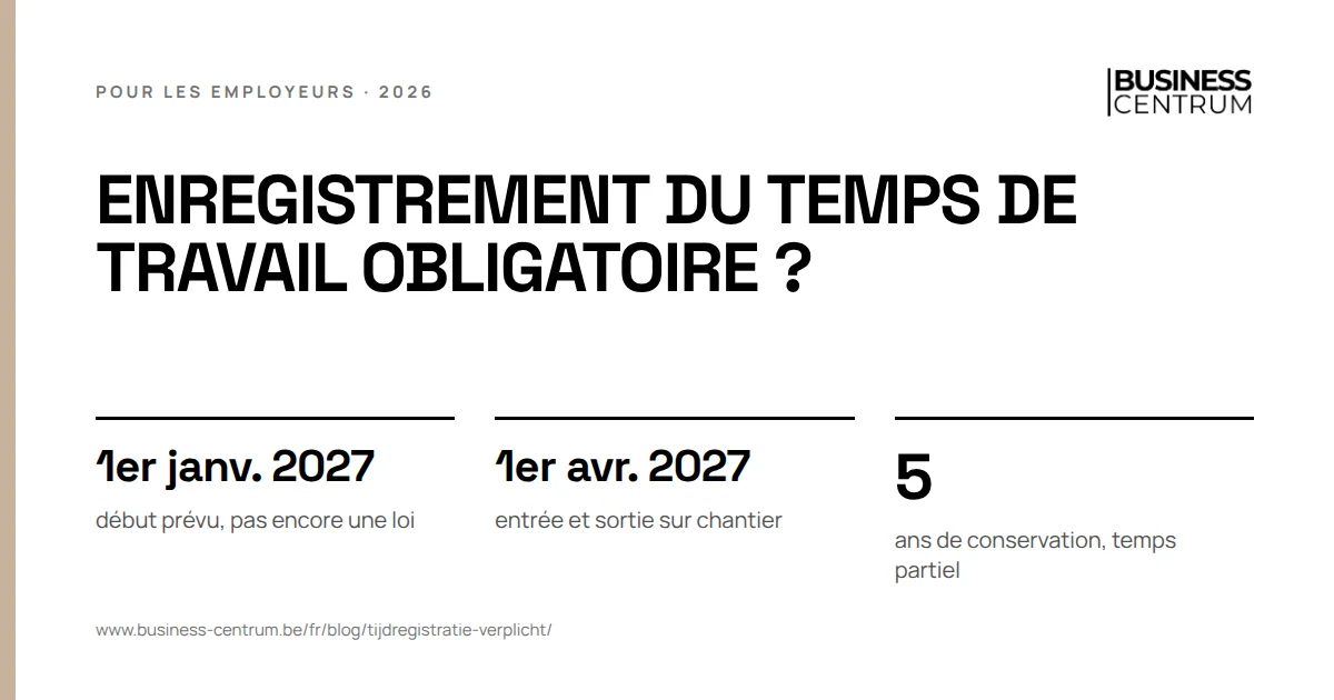 Enregistrement du temps de travail obligatoire ?: début prévu, pas encore une loi 1er janvier 2027, entrée et sortie sur chantier 1er avril 2027, ans de conservation, temps partiel 5