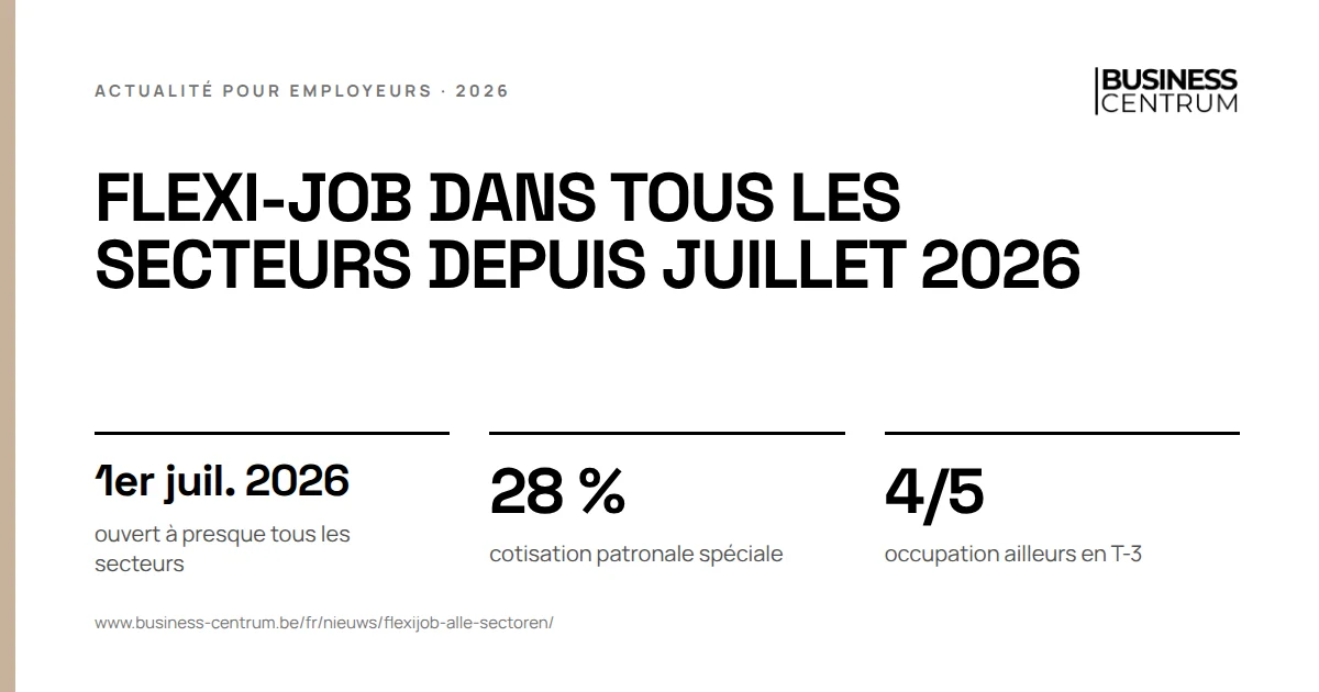 Flexi-job dans tous les secteurs depuis juillet 2026: ouvert à presque tous les secteurs 1er juillet 2026, cotisation patronale spéciale 28 %, occupation ailleurs en T-3 4/5
