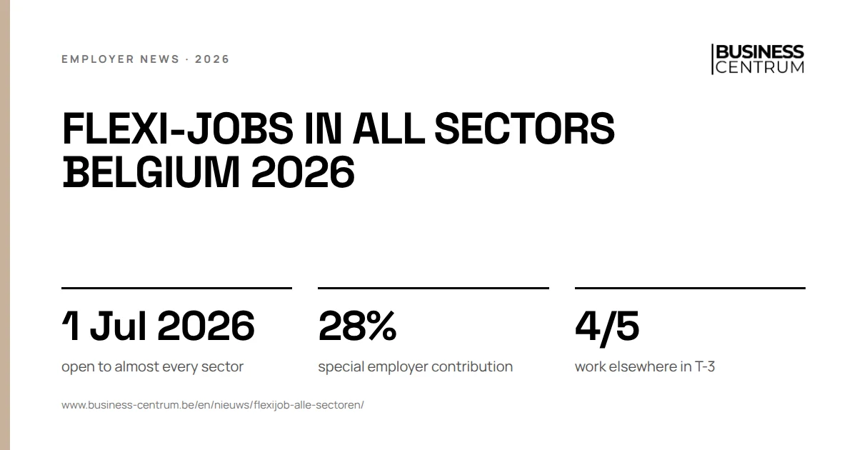 Flexi-jobs in all sectors Belgium 2026: open to almost every sector 1 July 2026, special employer contribution 28%, work elsewhere in T-3 4/5