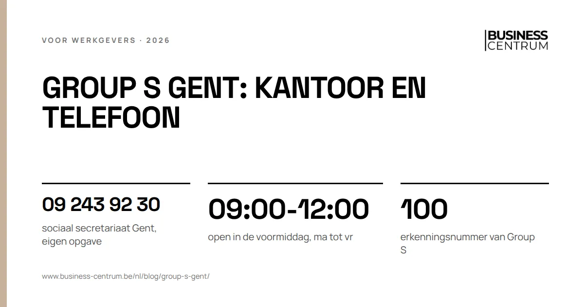 Group S Gent: kantoor en telefoon: sociaal secretariaat Gent, eigen opgave 09 243 92 30, open in de voormiddag, ma tot vr 09:00-12:00, erkenningsnummer van Group S 100