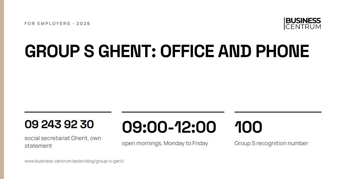 Group S Ghent: office and phone: social secretariat Ghent, own statement 09 243 92 30, open mornings, Monday to Friday 09:00-12:00, Group S recognition number 100