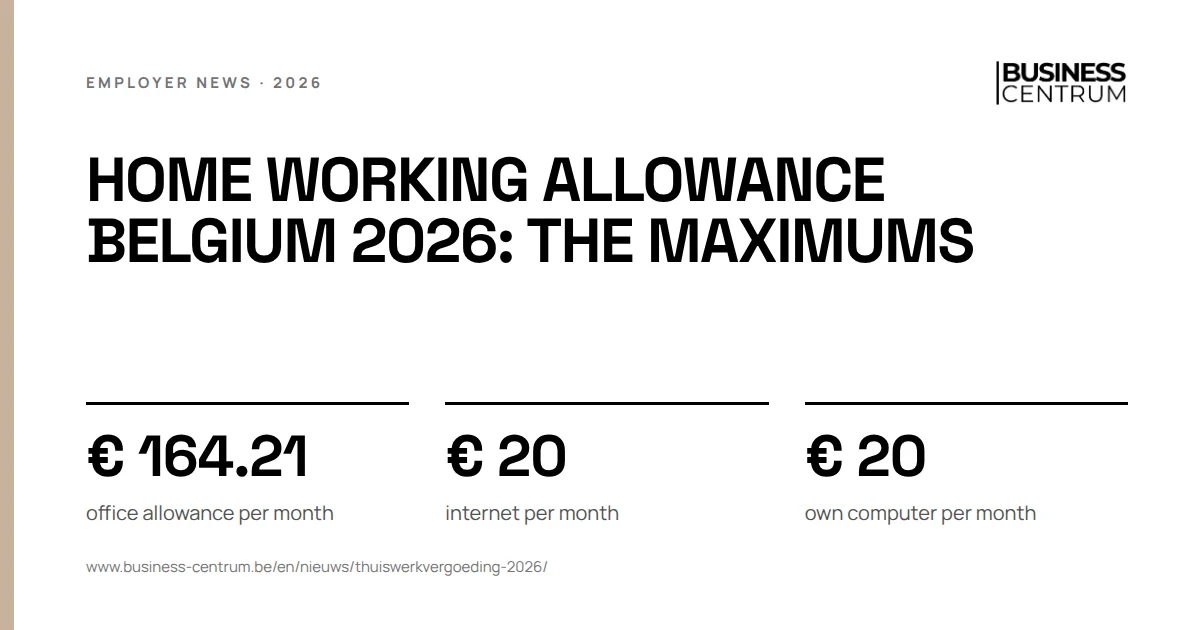Home working allowance Belgium 2026: the maximums: office allowance per month € 164.21, internet per month € 20, own computer per month € 20
