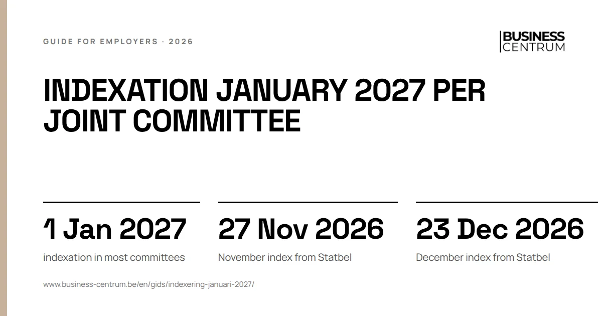 Indexation January 2027 per joint committee: indexation in most committees 1 January 2027, November index from Statbel 27 November 2026, December index from Statbel 23 December 2026