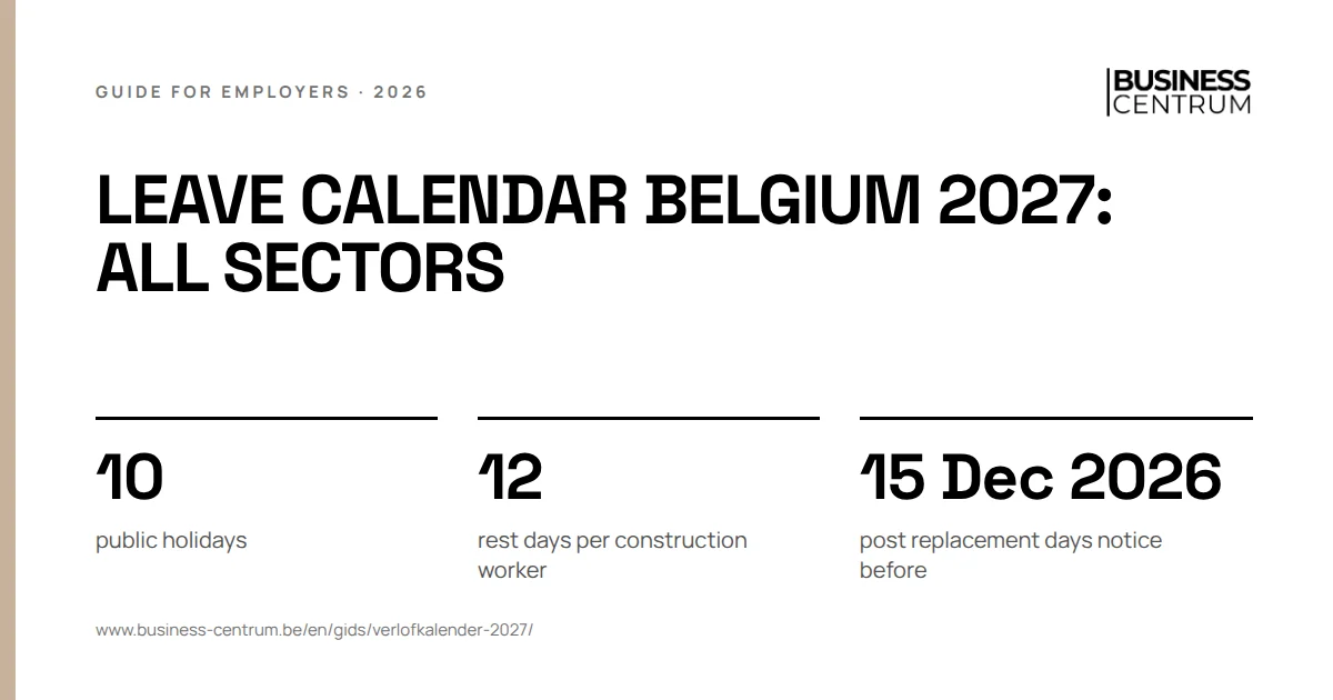 Leave calendar Belgium 2027: all sectors: public holidays 10, rest days per construction worker 12, post replacement days notice before 15 December 2026