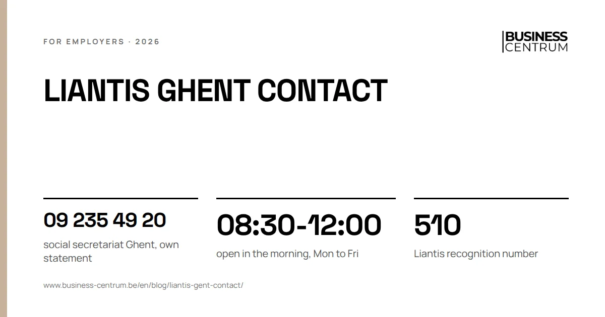Liantis Ghent contact: social secretariat Ghent, own statement 09 235 49 20, open in the morning, Mon to Fri 08:30-12:00, Liantis recognition number 510