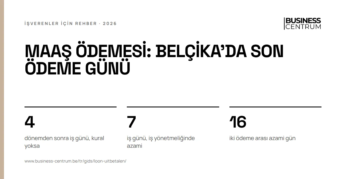 Maaş ödemesi: Belçika'da son ödeme günü: dönemden sonra iş günü, kural yoksa 4, iş günü, iş yönetmeliğinde azami 7, iki ödeme arası azami gün 16