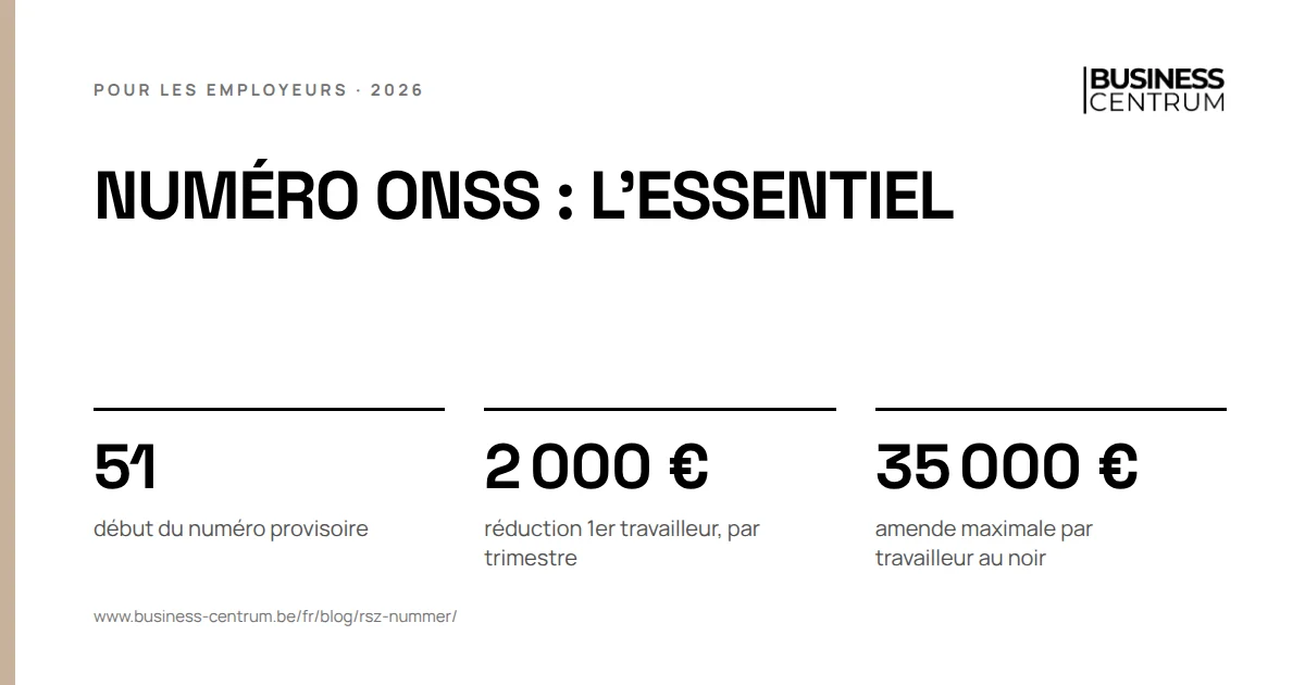 Numéro ONSS : l'essentiel: début du numéro provisoire 51, réduction 1er travailleur, par trimestre 2 000 €, amende maximale par travailleur au noir 35 000 €