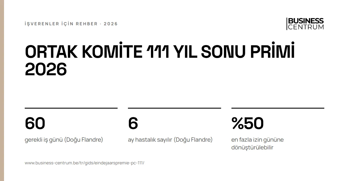 Ortak komite 111 yıl sonu primi 2026: gerekli iş günü (Doğu Flandre) 60, ay hastalık sayılır (Doğu Flandre) 6, en fazla izin gününe dönüştürülebilir %50
