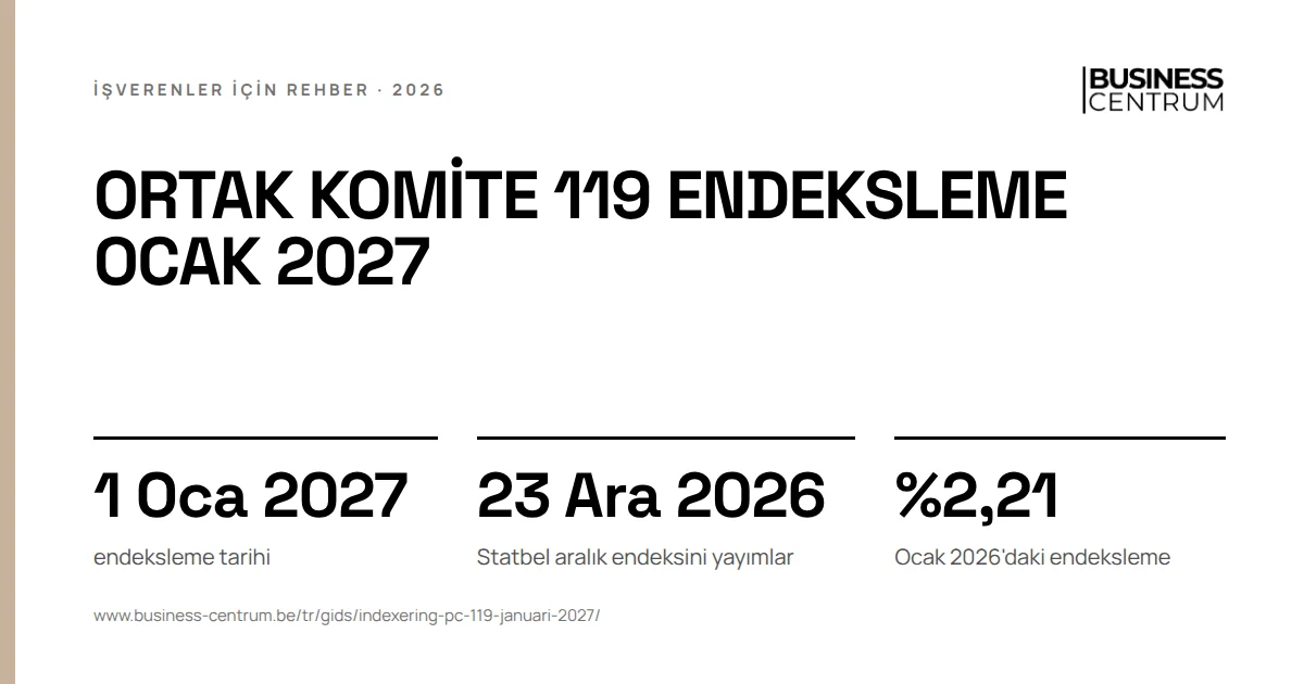 Ortak komite 119 endeksleme Ocak 2027: endeksleme tarihi 1 Ocak 2027, Statbel aralık endeksini yayımlar 23 Aralık 2026, Ocak 2026'daki endeksleme %2,21